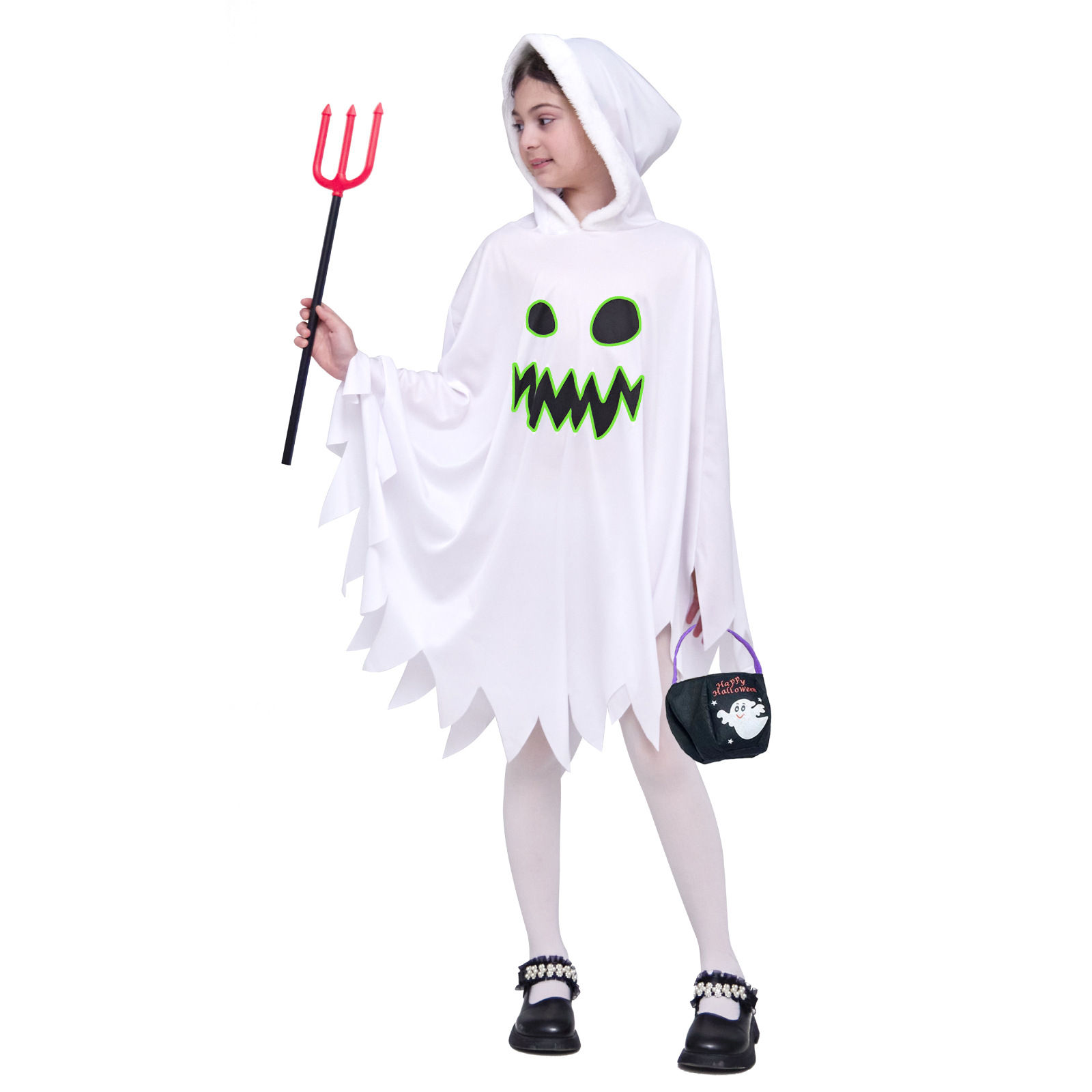 Kids Ghost White Cloak Halloween Costume with Handbang Cosplay Theme Dressing